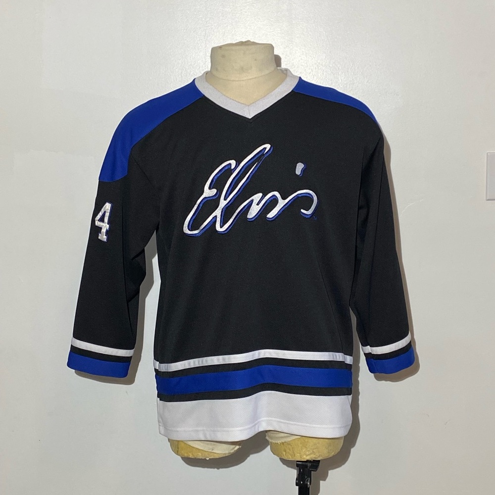 Vintage 90s Elvis Presley Black Blue Embroidered Hockey Jersey Sz XL